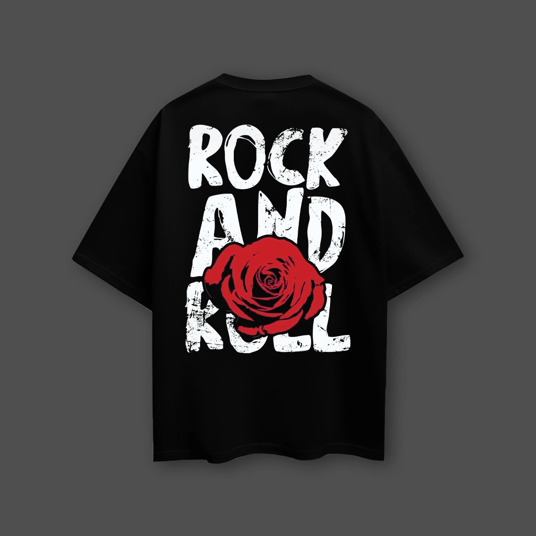 Rock And Roll - Front Puff Print - Black Oversize T-Shirt