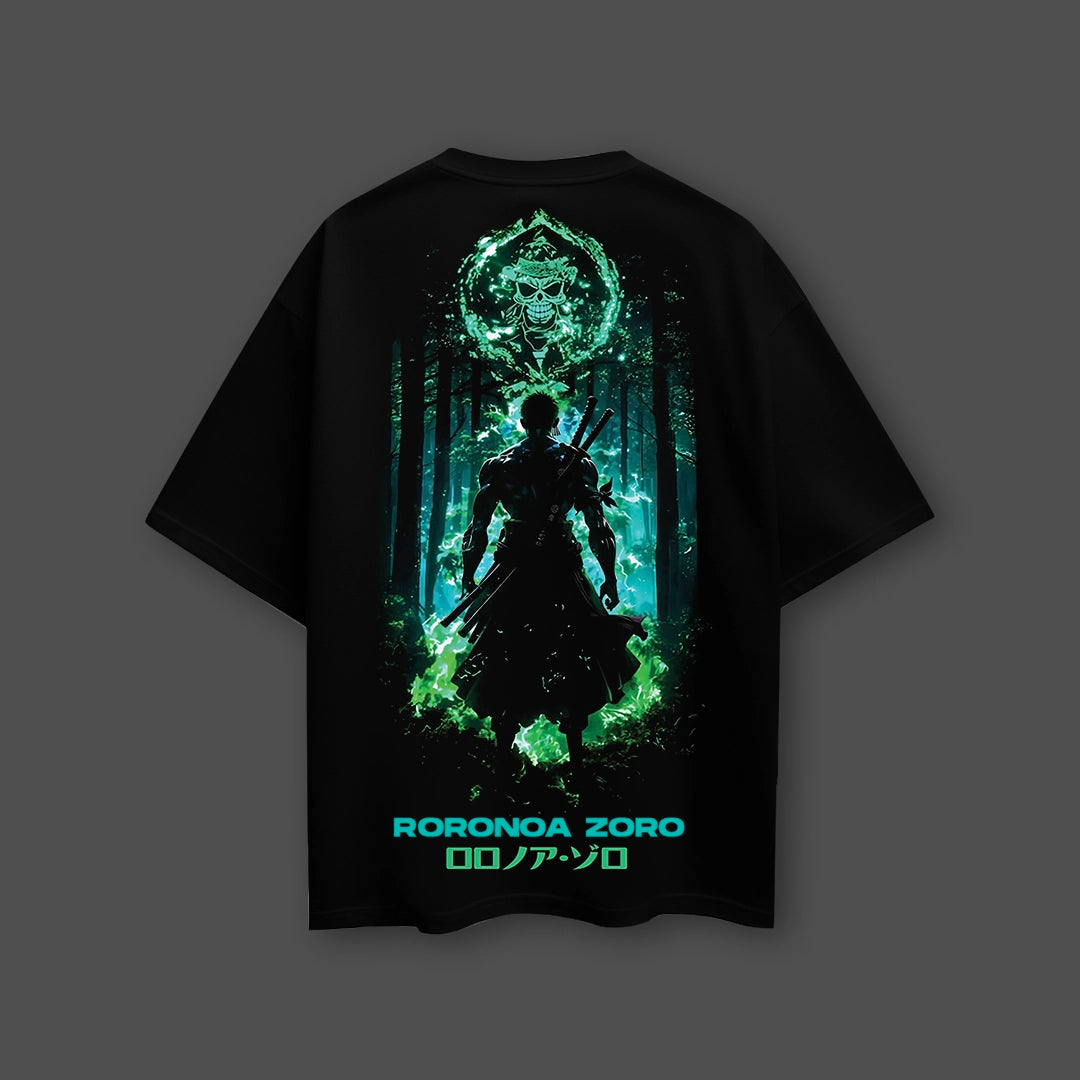 Roronoa Zoro - Green Flame Discipline - Black Oversize Fit T-Shirt