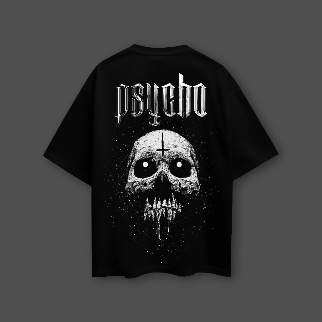Psycho Skull - Front HD Print - Black Oversize Fit T-Shirt