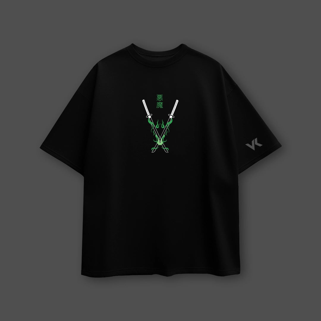 Roronoa Zoro - Green Flame Discipline - Black Oversize Fit T-Shirt