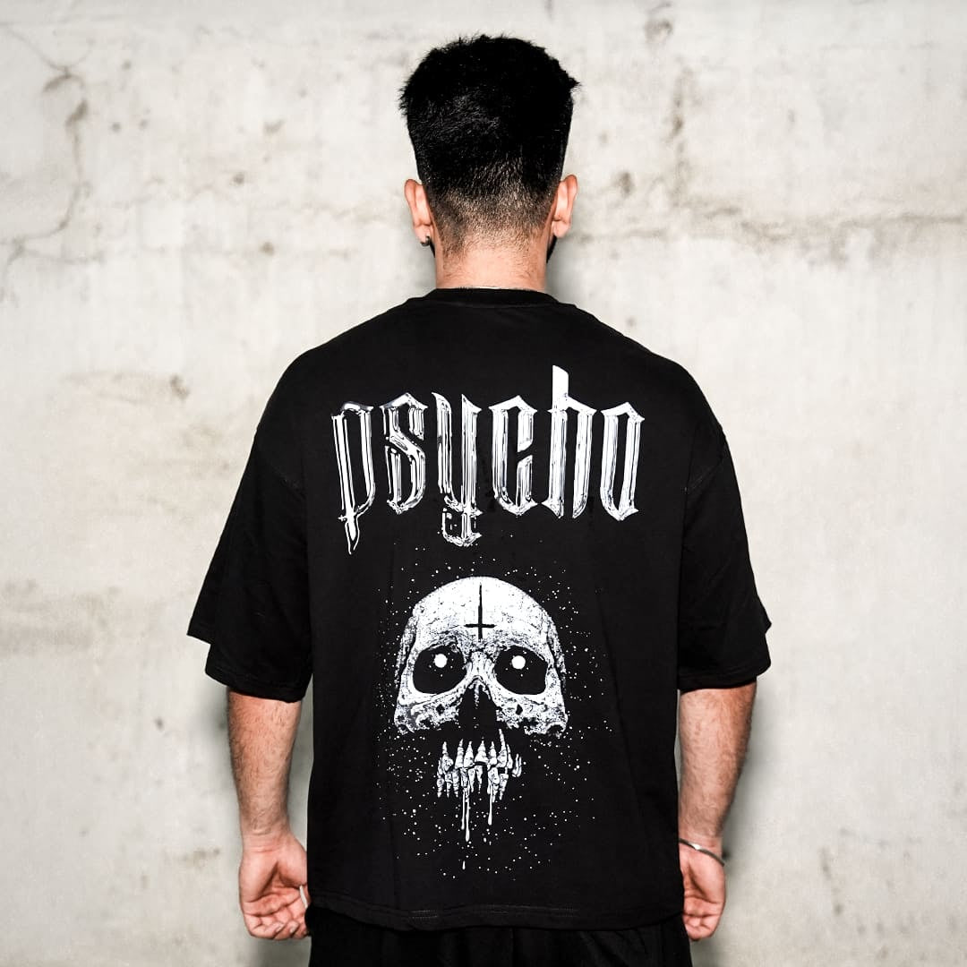 Psycho Skull - Front HD Print - Black Oversize Fit T-Shirt