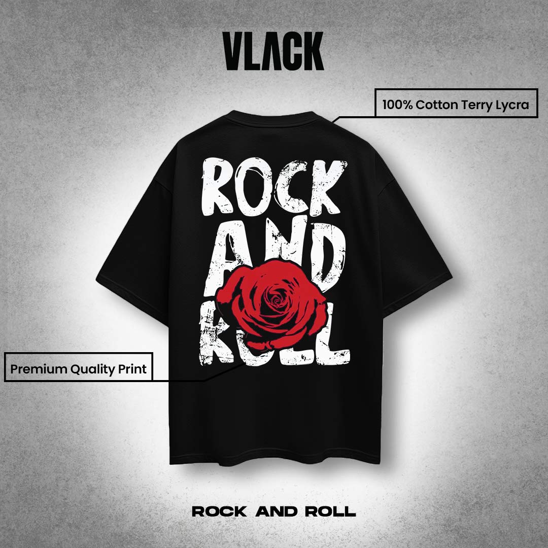Rock And Roll - Front Puff Print - Black Oversize T-Shirt