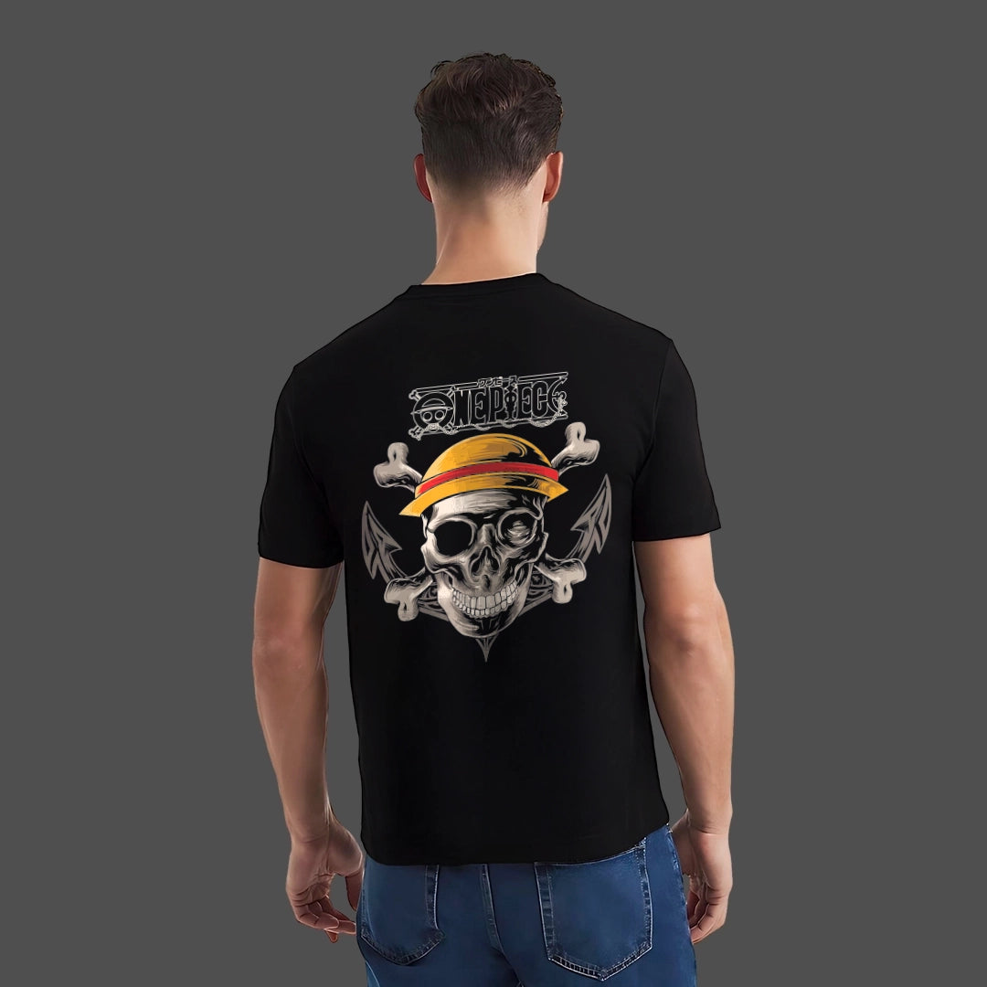 Straw Hat Skull Front HD Print Regular Fit Black T-Shirt