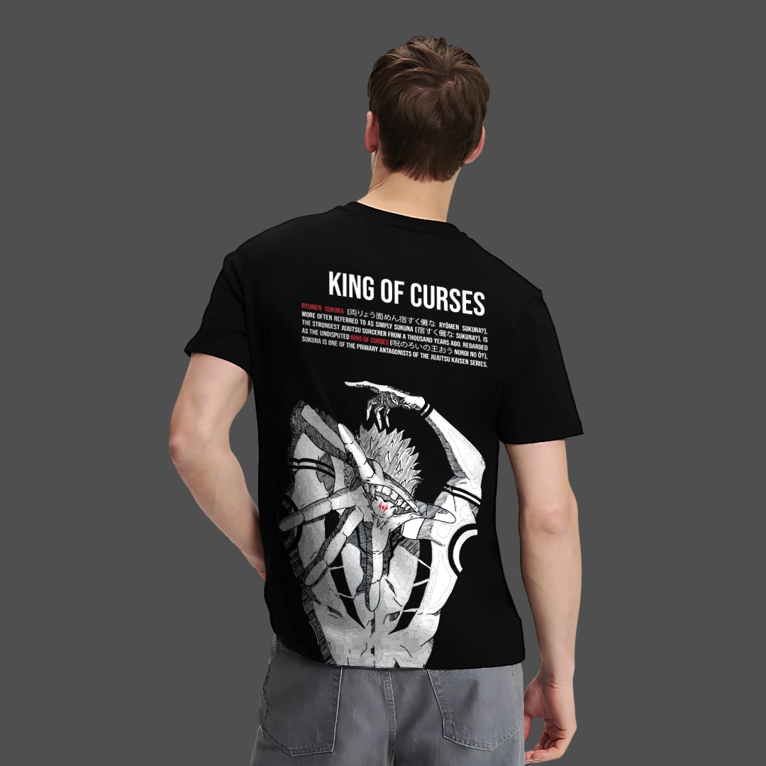 Back view of male model in Vlack regular fit Sukuna Jujutsu Kaisen black t-shirt with King of Curses graphic