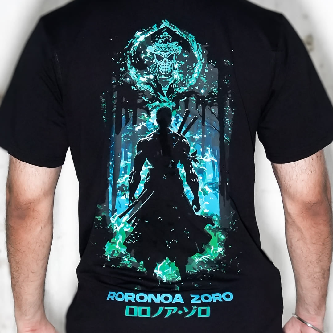 Regular fit Vlack Black Roronoa Zoro black t-shirt with glowing green blue samurai silhouette and three swords on back