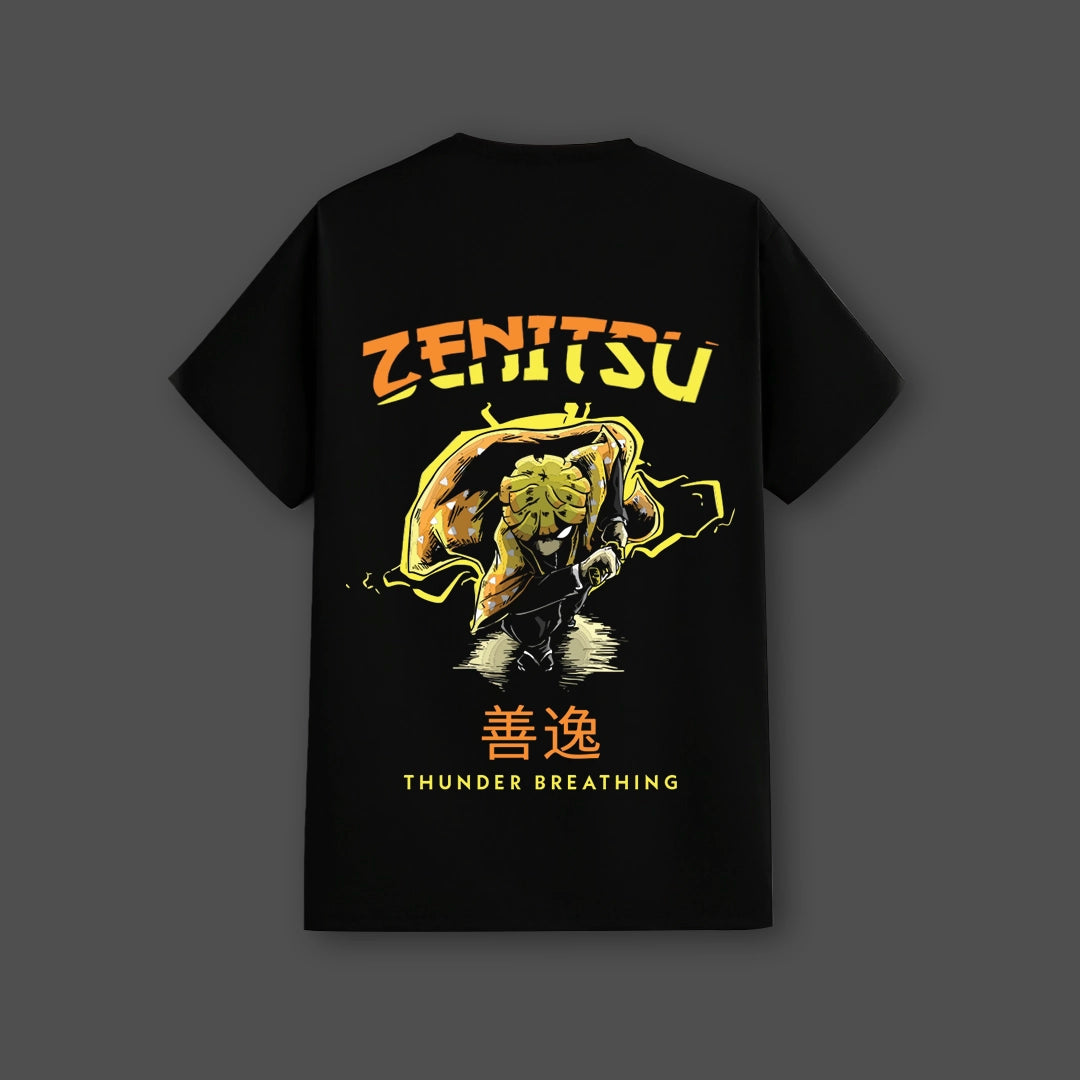Zenitsu Agatsuma black t-shirt regular fit Vlack black back graphic of Zenitsu in thunder breathing pose