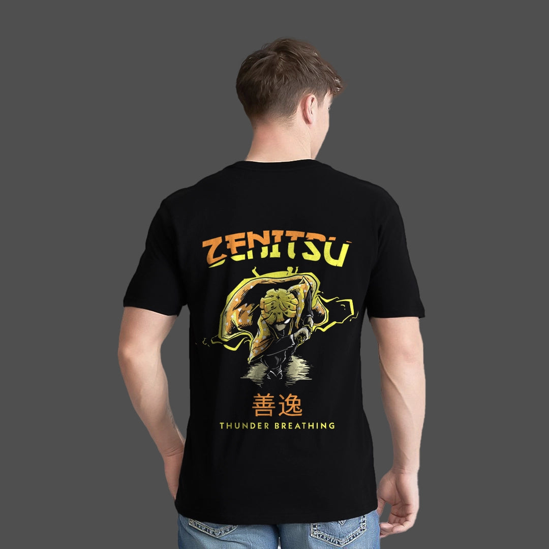 Back view of model wearing Vlack regular fit Zenitsu Agatsuma black t-shirt with yellow thunder breathing graphic