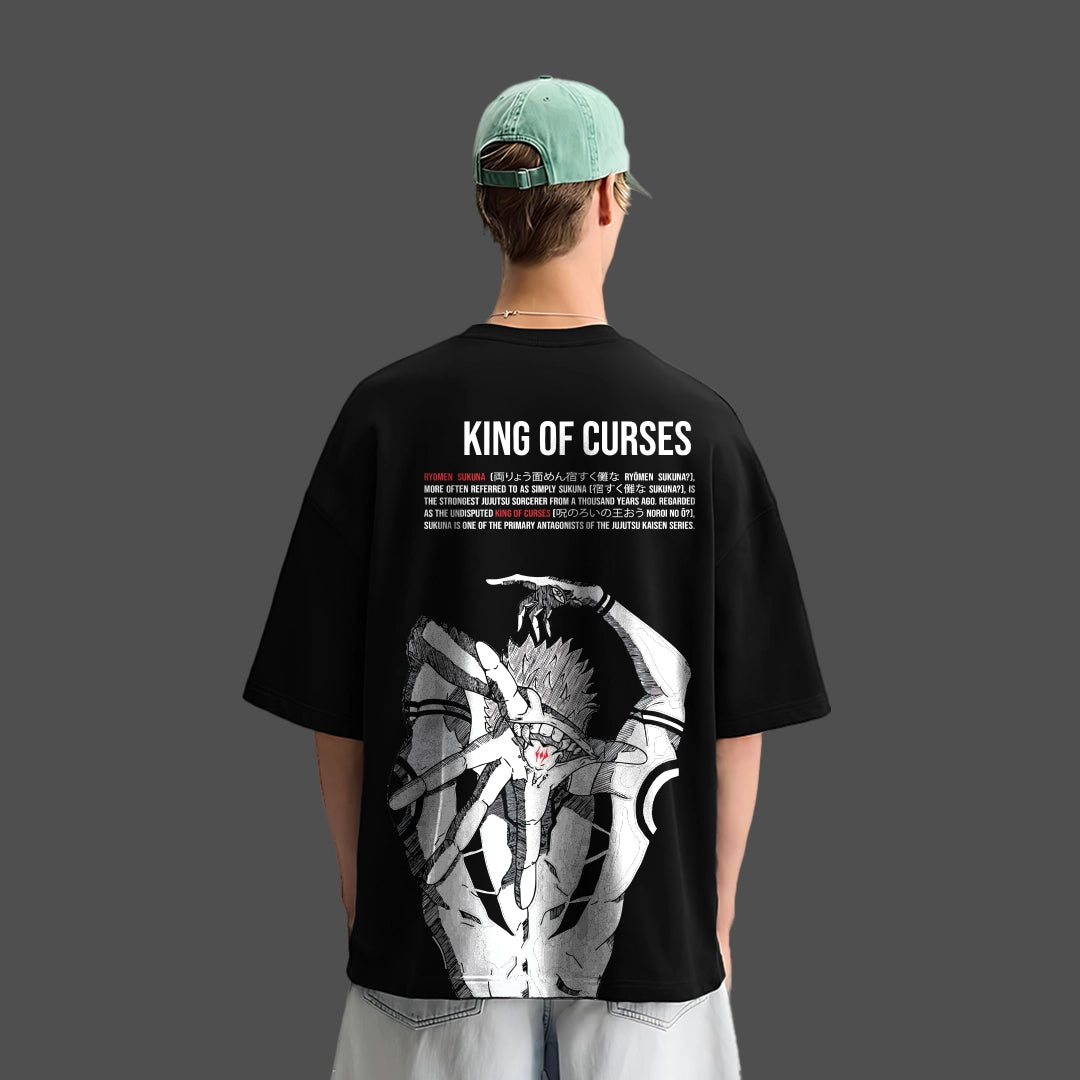 Model wearing Vlack black Jujutsu Kaisen Sukuna oversized t-shirt showing King of Curses back graphic and relaxed fit