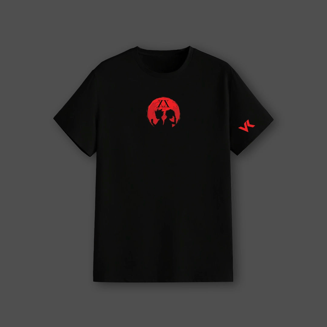 Killua Zoldyck black t-shirt regular fit Vlack black tee with red anime silhouette and sleeve logo for casual wear
