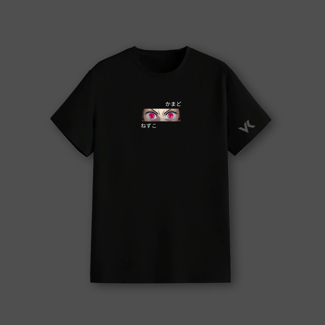 Nezuko Kamado Demon Slayer T-shirt black Vlack regular fit showing Nezuko pink eyes graphic centered chest and sleeve logo
