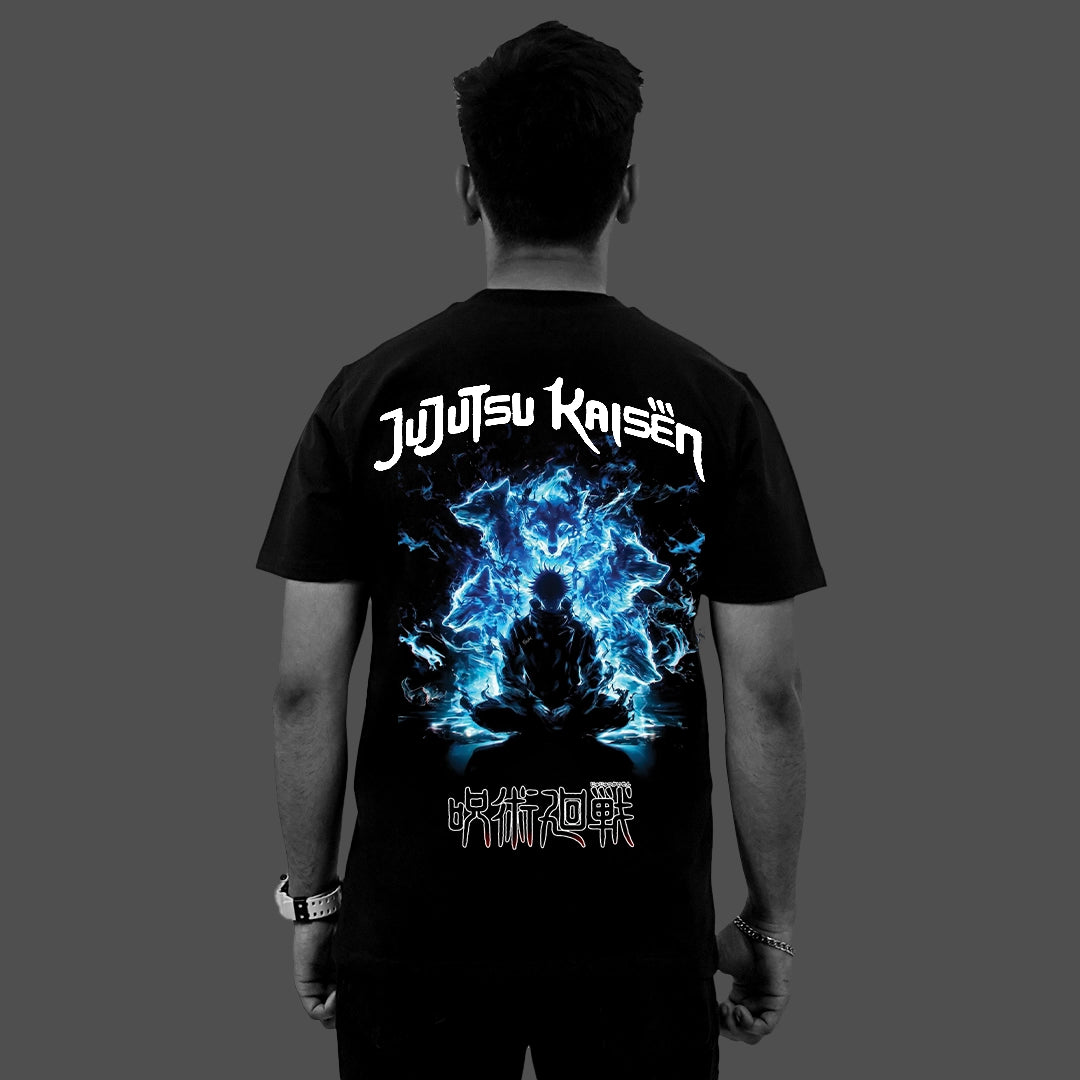 Back view of model wearing Vlack regular fit Jujutsu Kaisen black t-shirt featuring blue energy anime graphic and kanji text