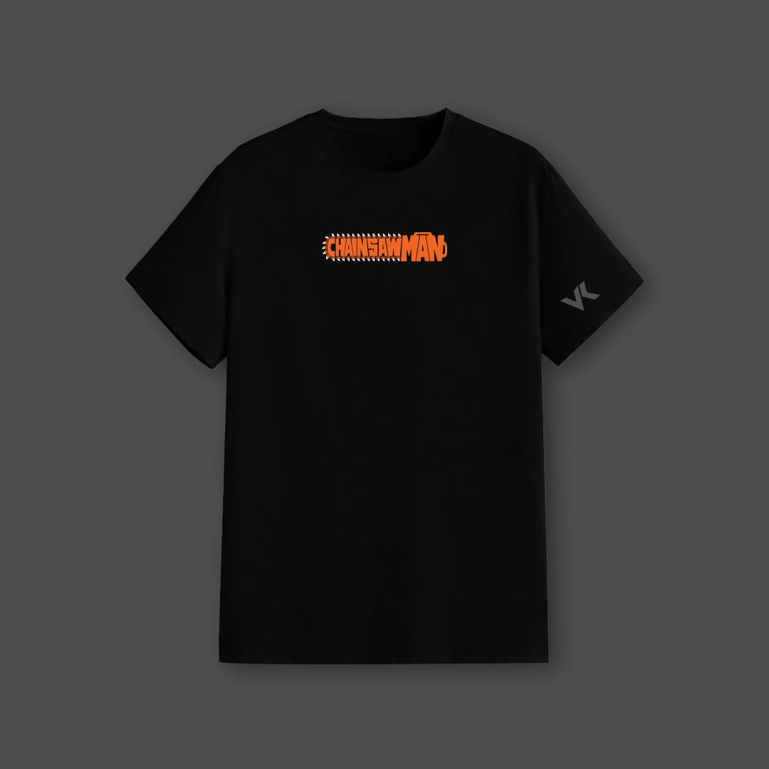 Vlack black regular fit tee with orange Chainsaw Man logo centered and VK sleeve print Chainsaw Man black t-shirt