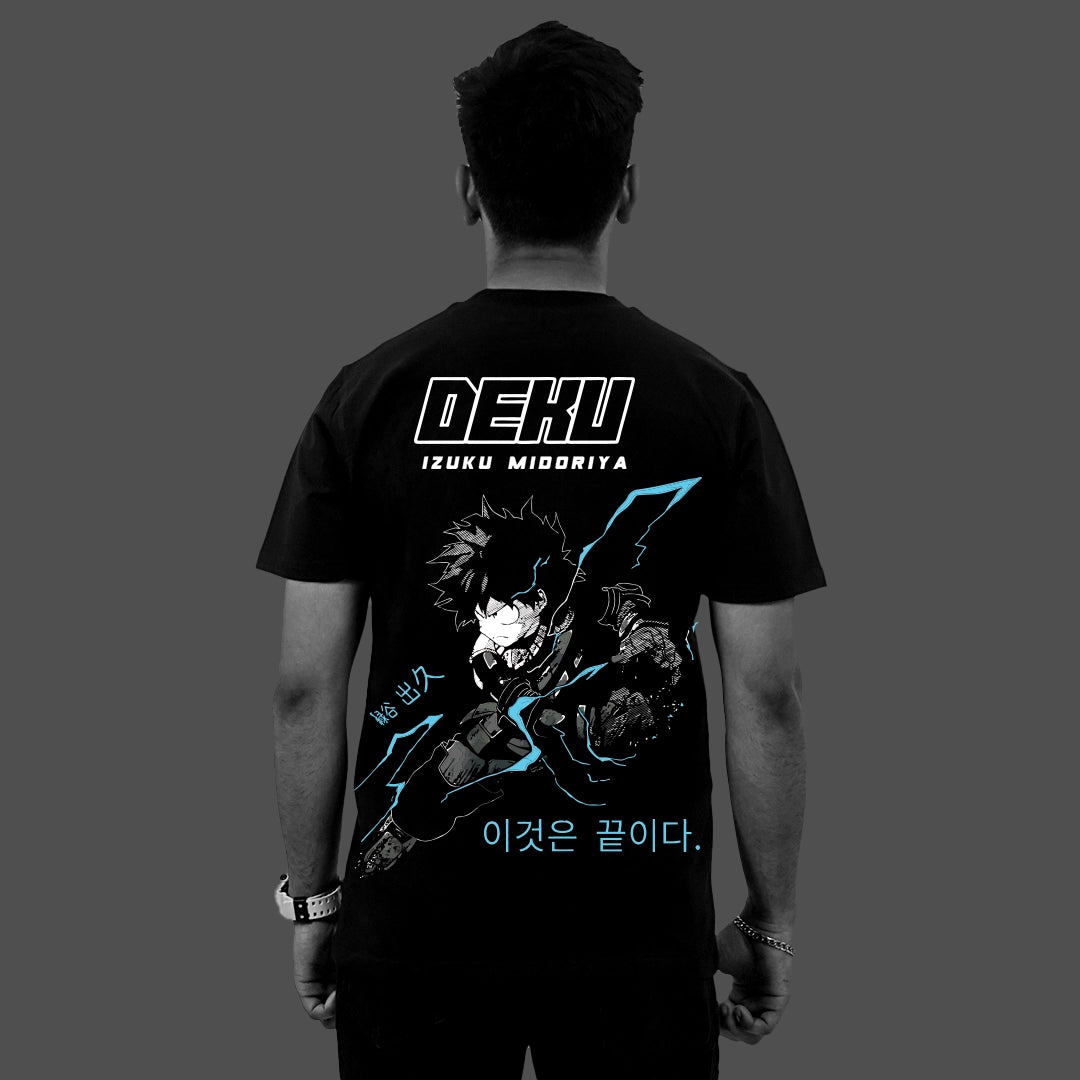 Izuku Midoriya black t-shirt regular fit Vlack back view Deku anime graphic with blue lightning accents and Korean text