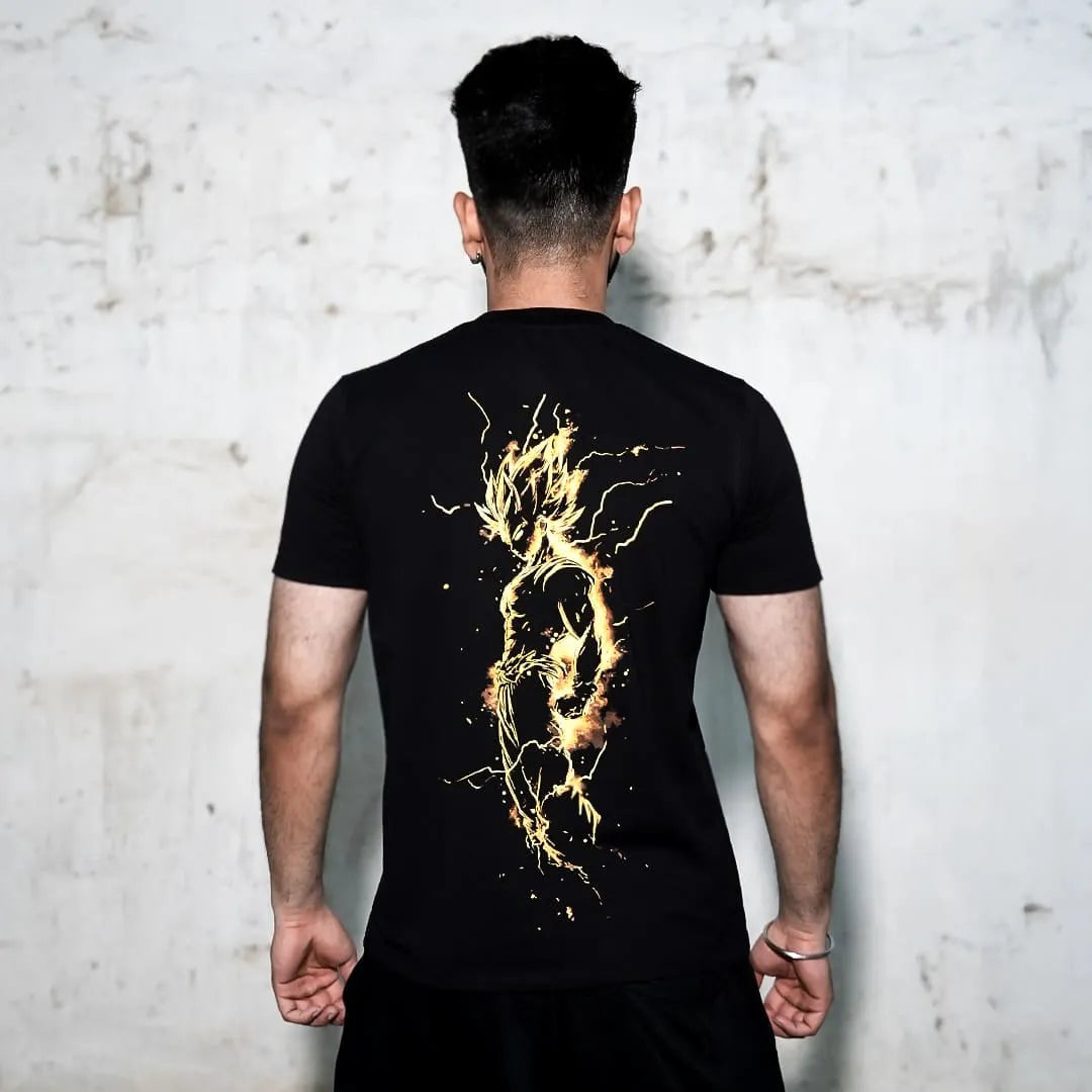 Saiyan black t-shirt regular fit showing back view of man wearing black tee with gold fiery Saiyan silhouette design