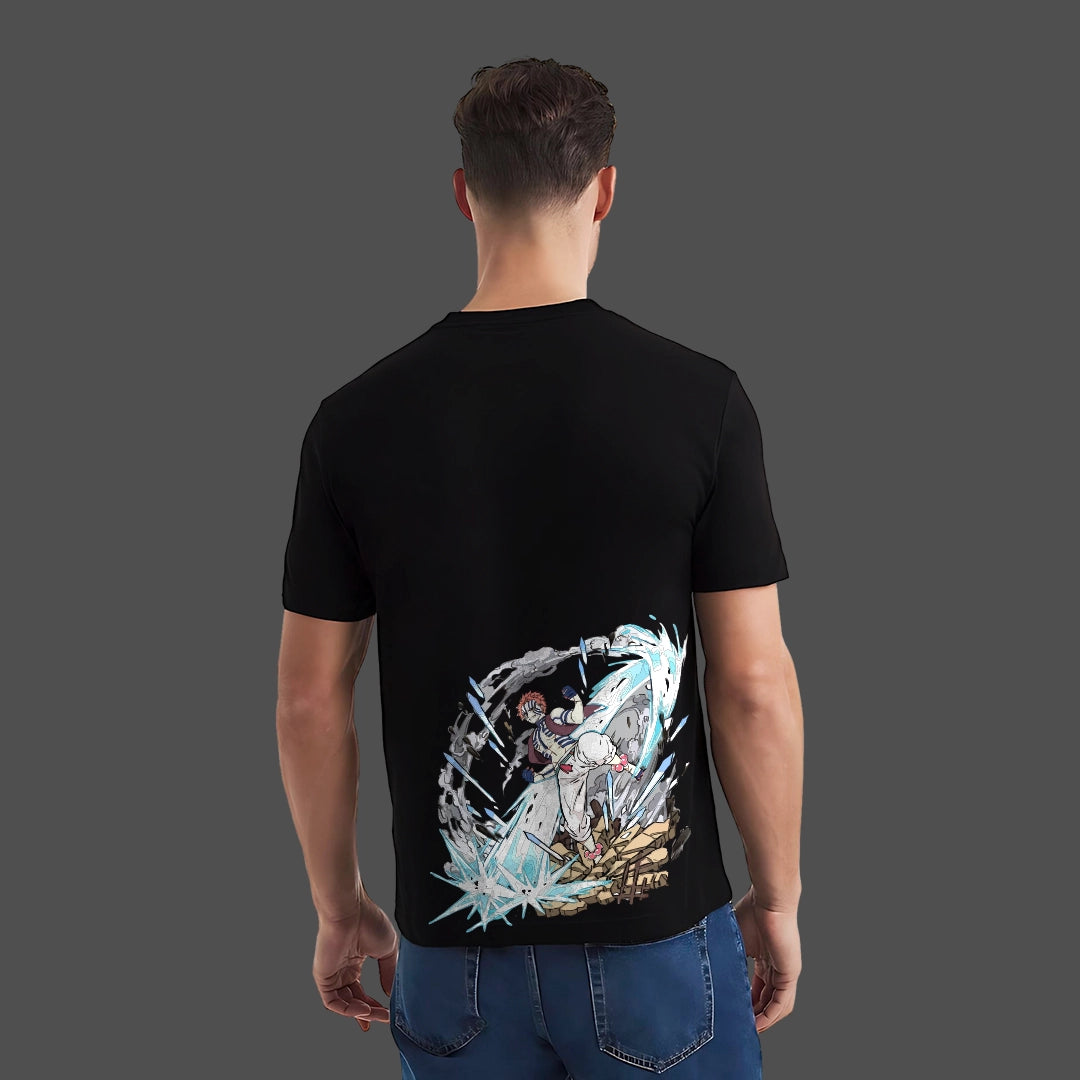 Back view of man wearing Vlack Regular Fit Akaza Demon Slayer black t-shirt with dynamic anime back print