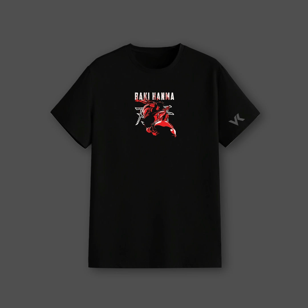 Baki Hanma black t-shirt regular fit by Vlack featuring red anime fighter print front casual streetwear