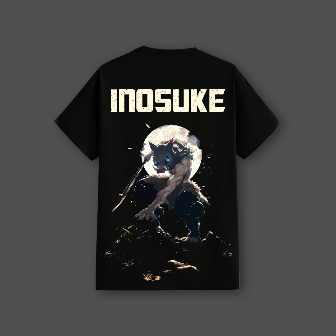 Inosuke Demon Slayer black t-shirt showing full back Inosuke boar mask artwork in moonlit crouch regular fit