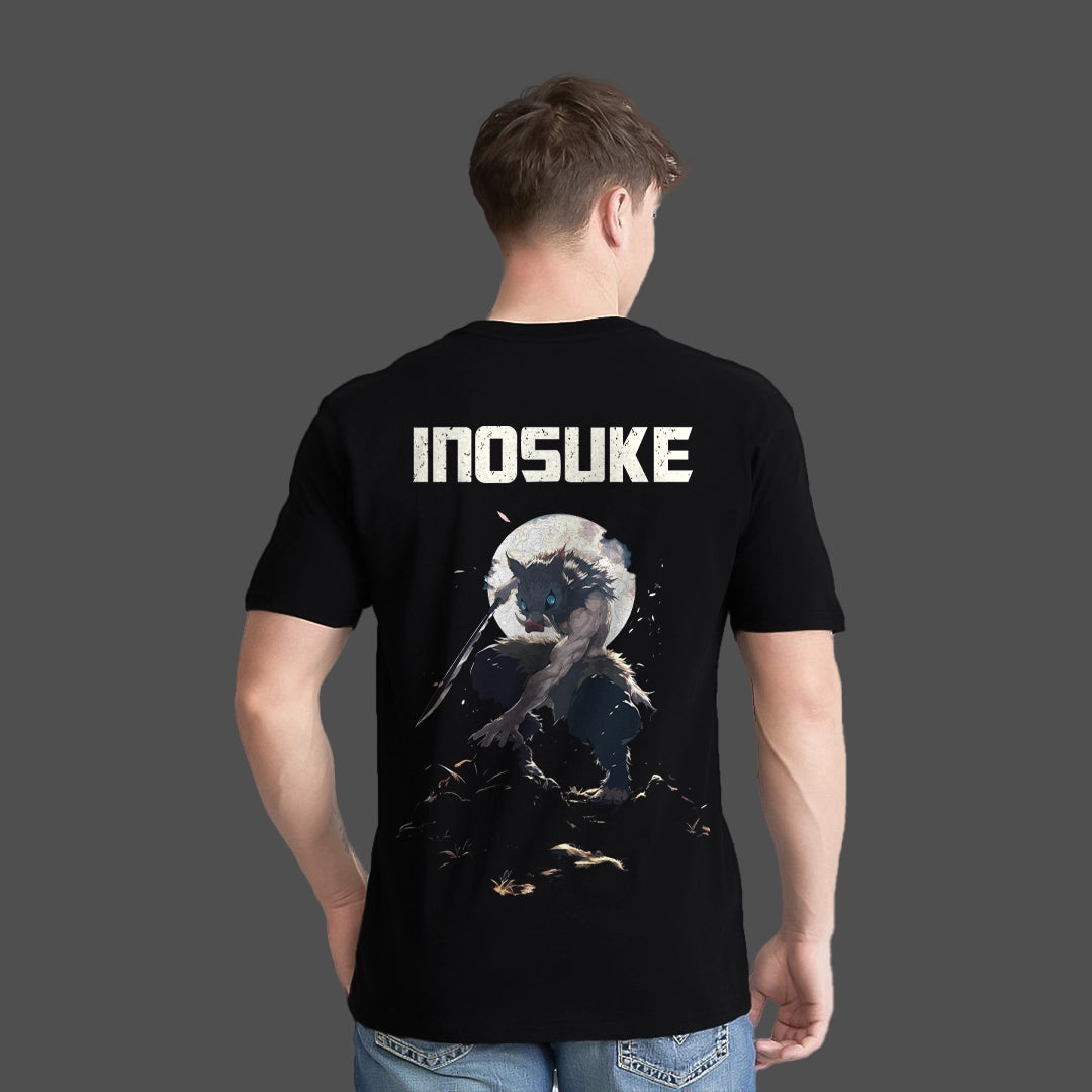 Model wearing Vlack regular fit Inosuke Demon Slayer black t-shirt. Large moon and wolf art on back