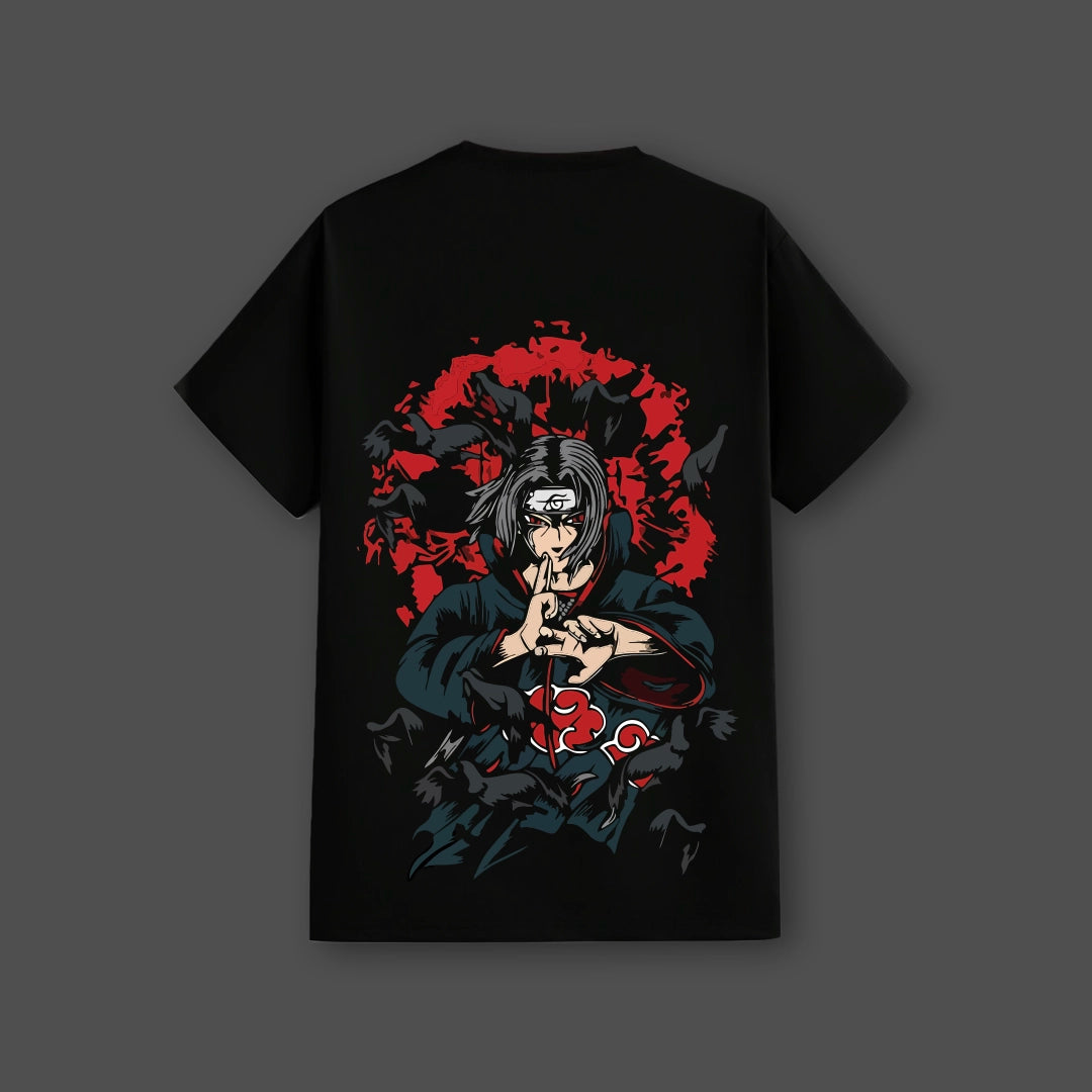 Vlack Regular Fit Sasuke Uchiha Sharingan black t-shirt with red Sharingan graphic and hand sign illustration