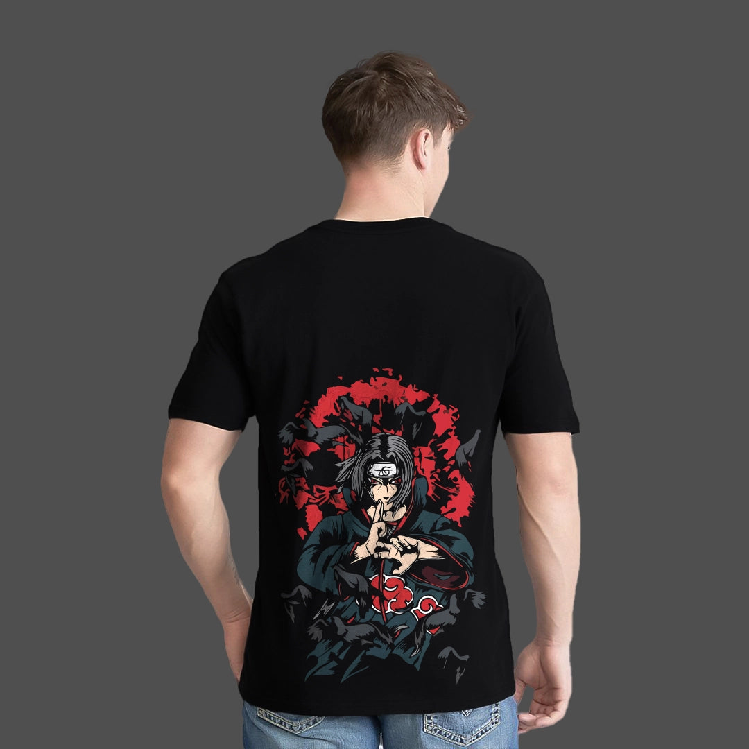 Sasuke Uchiha Sharingan black t-shirt shown on model back view with bold red Sharingan anime print regular fit tee