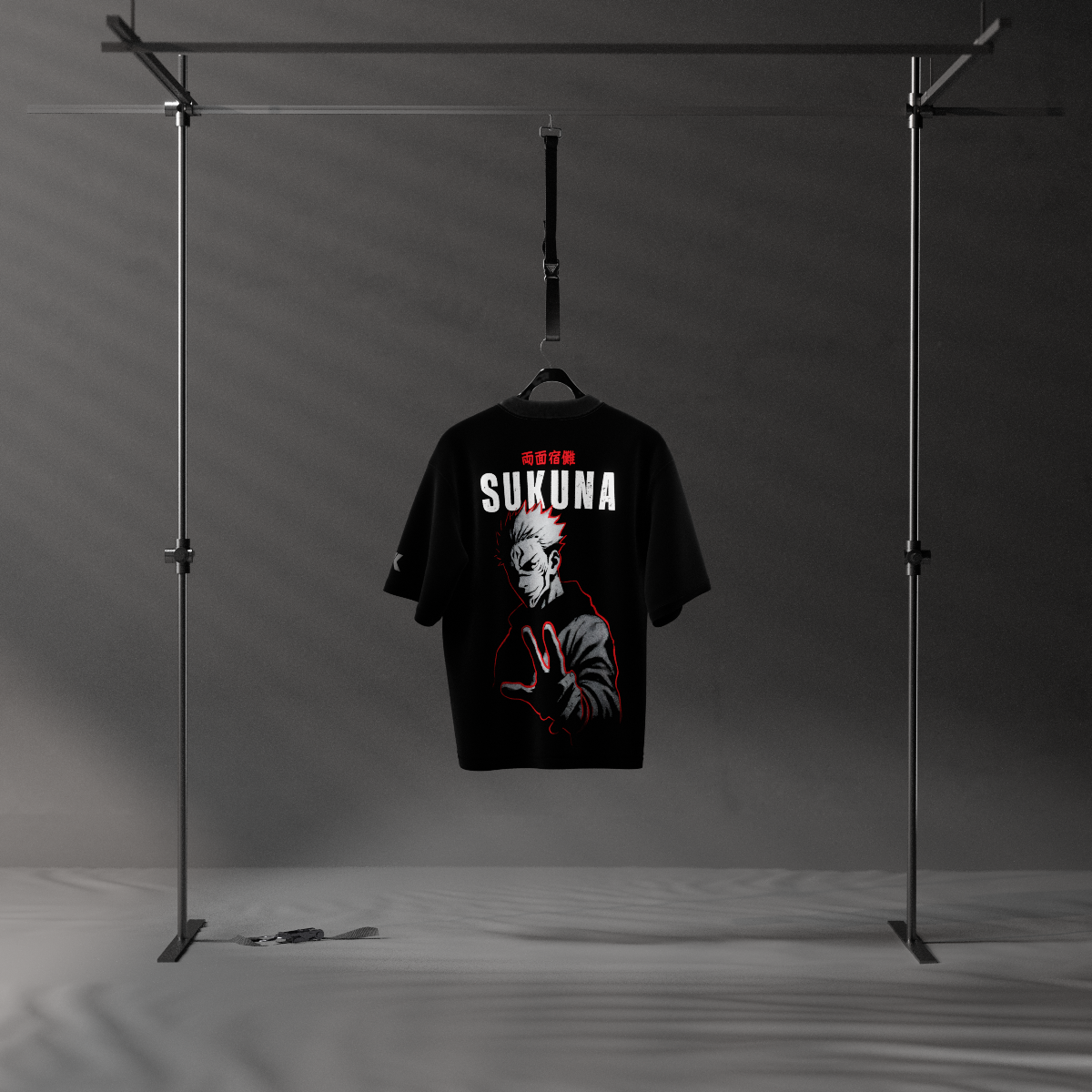 Hanging Sukuna black oversized t-shirt with bold red and white Sukuna anime back graphic