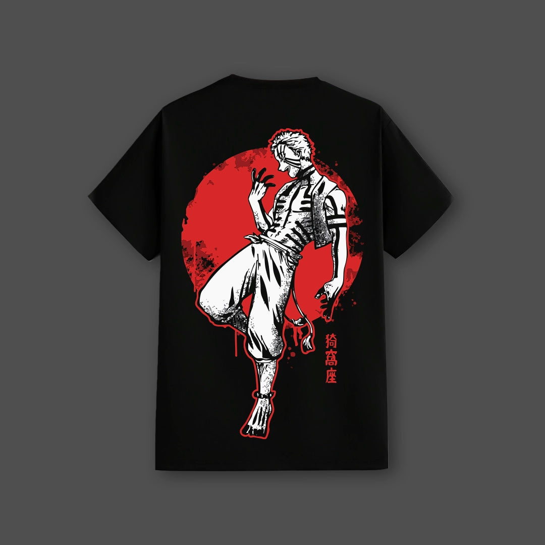 Vlack regular fit Akaza Demon Slayer black t-shirt with large white Akaza print and red moon background