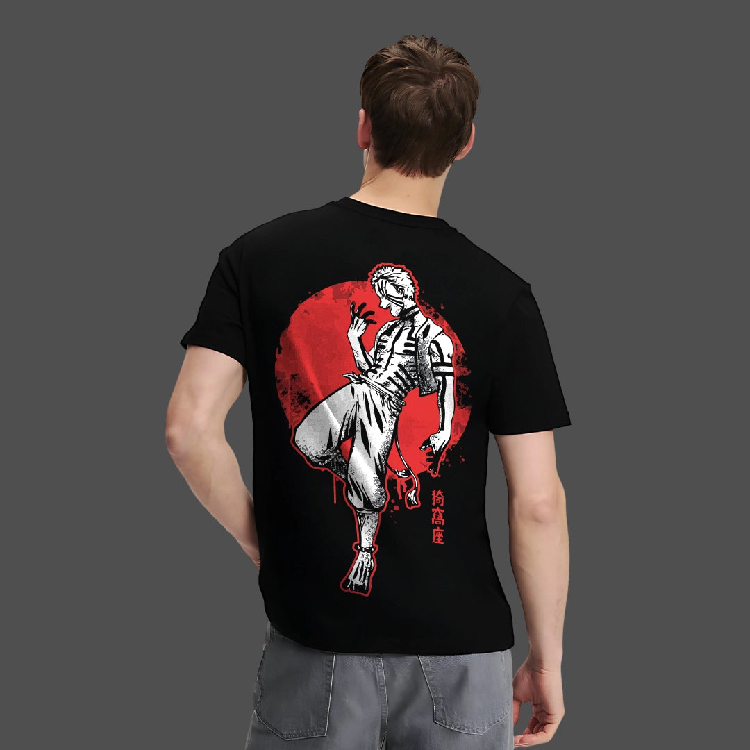 Akaza Demon Slayer black t-shirt Vlack regular fit back print of Akaza over red sun on male model