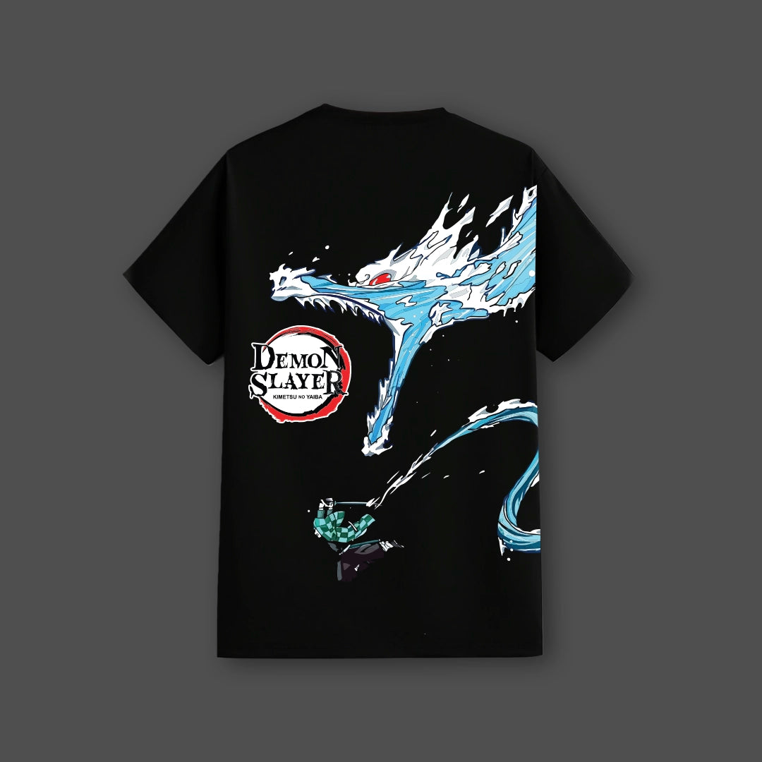 Demon Slayer black t-shirt Vlack regular fit with blue water dragon back print and fighter graphic