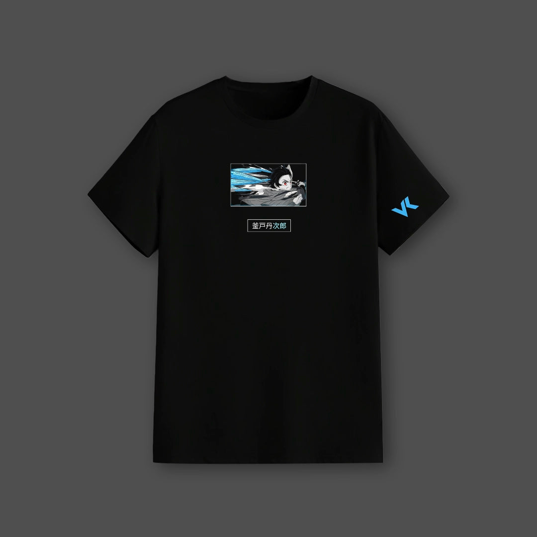 Vlack Regular Fit Demon Slayer black t-shirt with small anime action panel and blue VK sleeve logo