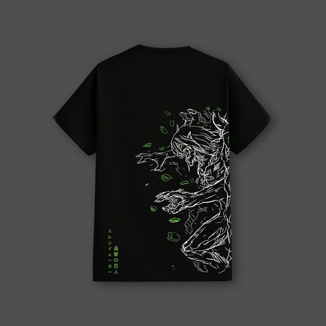 Attack on Titan black t-shirt regular fit Vlack brand back print with white sketch of Titan and green leaf accents