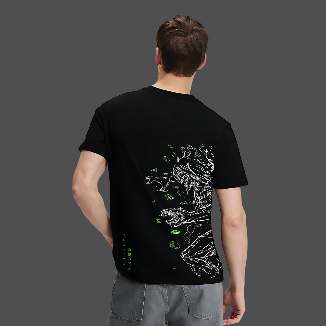 Mens regular fit Attack on Titan black t-shirt by Vlack with white and green back graphic
