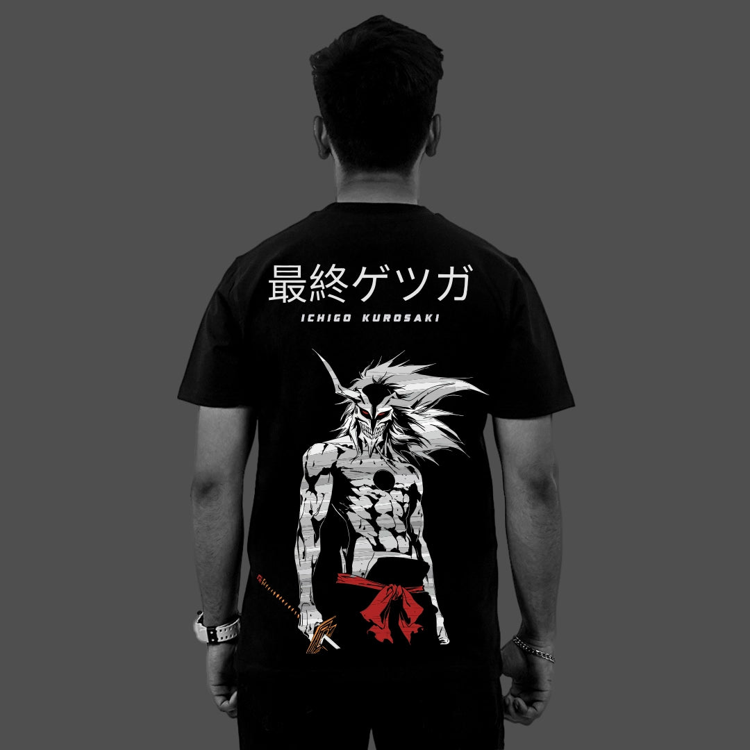 Back view of model wearing Vlack regular fit Ichigo Kurosaki black t-shirt featuring hollow Ichigo print and red sash