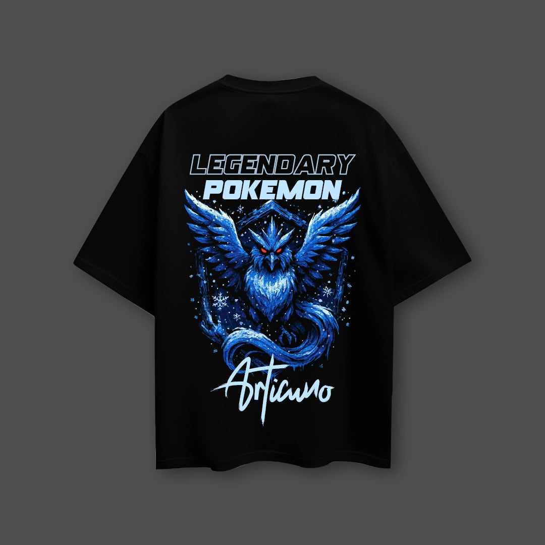Articuno black oversized t-shirt featuring a striking design of the Legendary Pokemon on the back