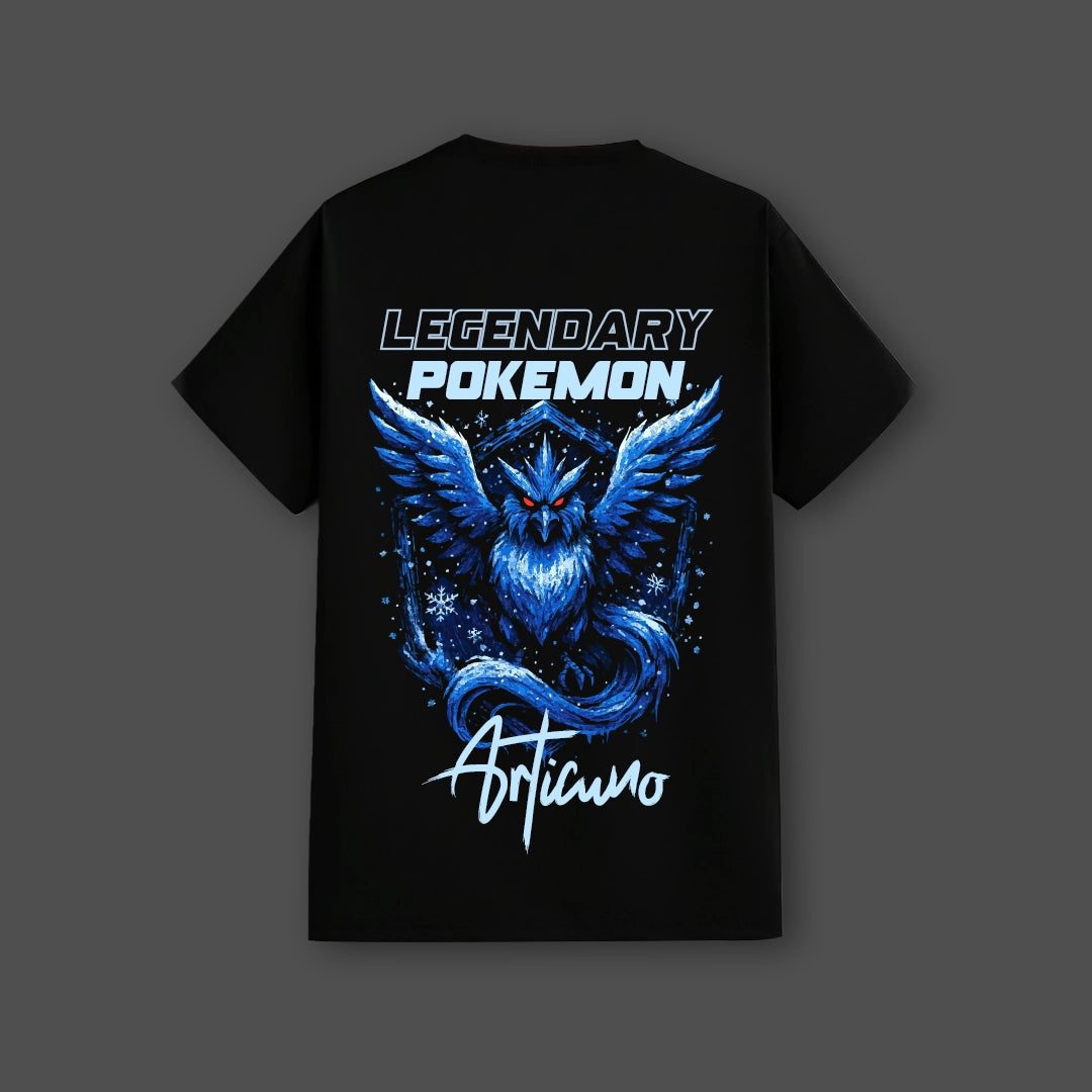 Articuno black t-shirt featuring a vibrant design of the legendary Pokemon for fans