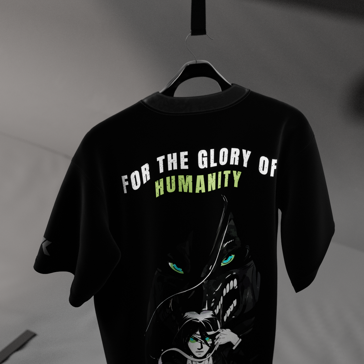Eren Yeager black oversized t-shirt by Vlack with back graphic of Titan face green eyes and For the Glory of Humanity text
