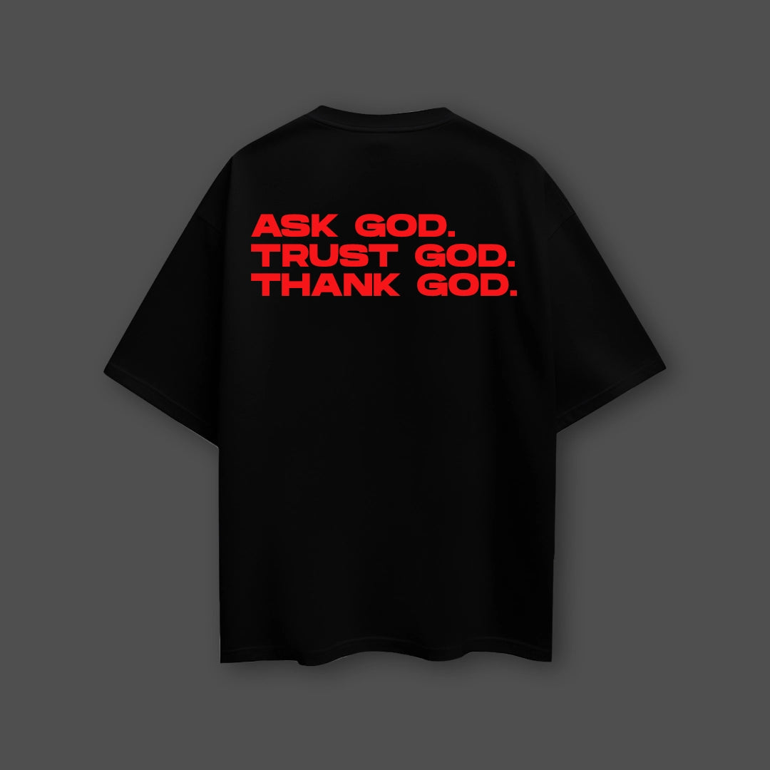 Vlack black oversized god print t-shirt featuring bold red text on the back