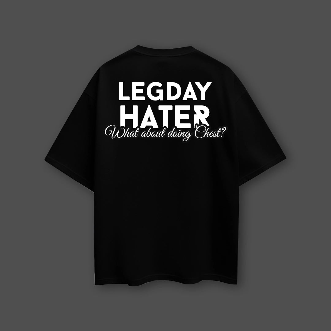 Black oversized gym t-shirt by Vlack featuring a humorous Leg Day Hater graphic on the back