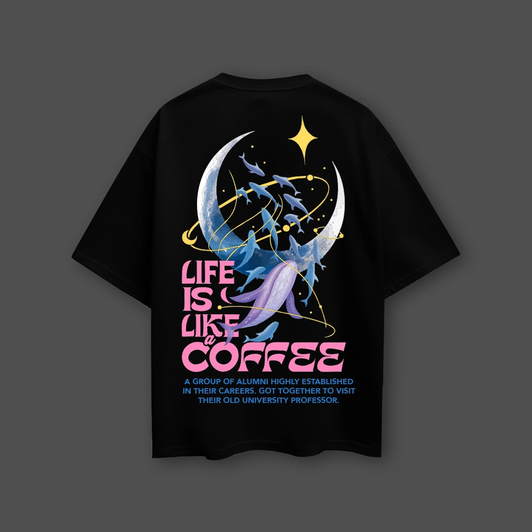 Black oversized statement t-shirt featuring artistic design with colorful graphics and text about life and coffee