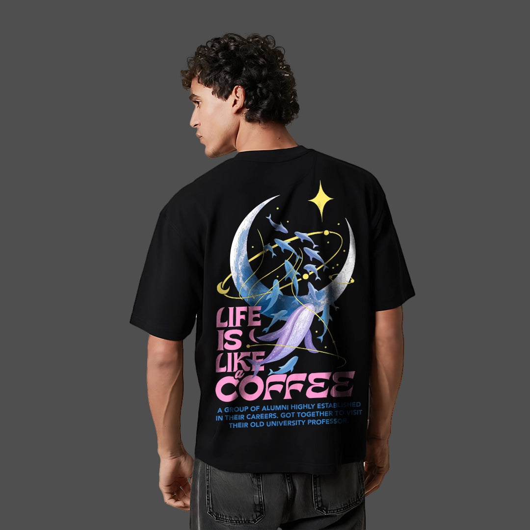 Vlack black oversized statement t-shirt with a colorful coffee-themed graphic on the back