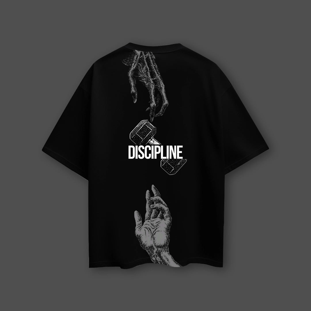 Vlack black oversized streetwear t-shirt featuring unique hand graphic and bold discipline text on the back