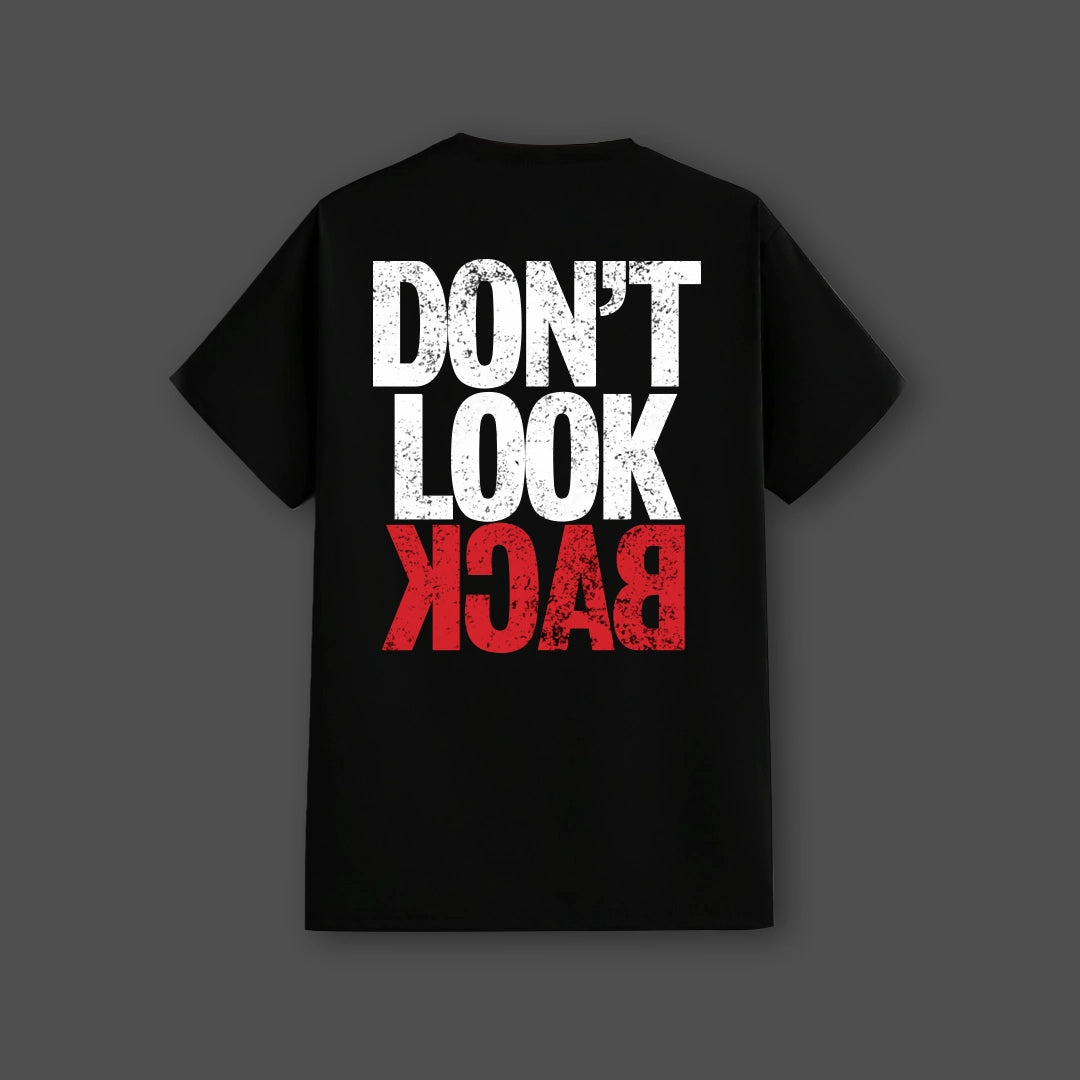 Vlack Black Streetwear T Shirt featuring a bold 'Don't Look Back' graphic on the back in red and white