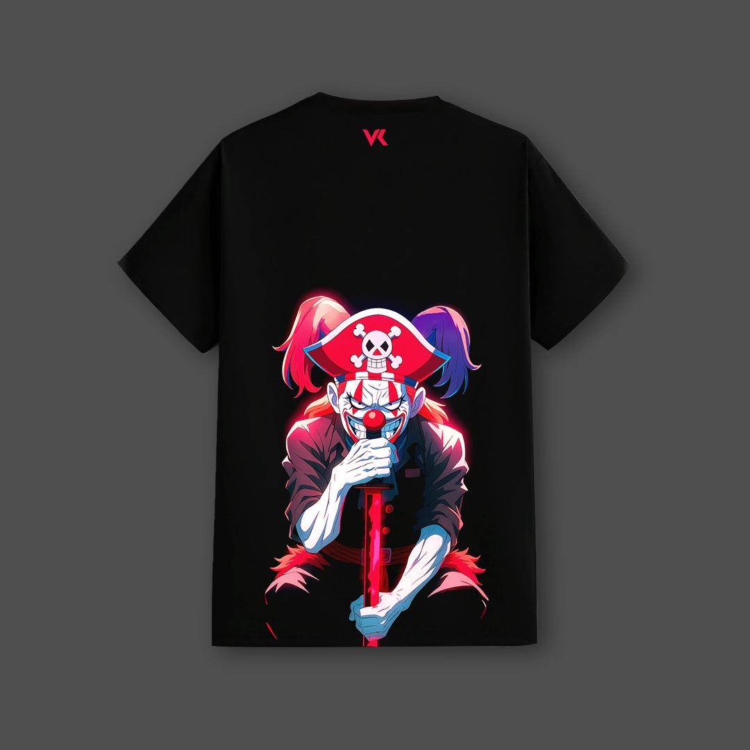 Buggy the Clown black t-shirt with vibrant graphic design featuring a pirate clown character