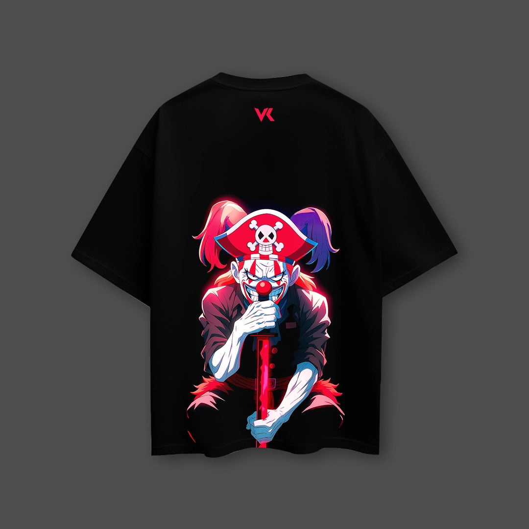 Buggy the Clown oversized black t-shirt featuring vibrant graphic design on the back for fans of anime and collectibles