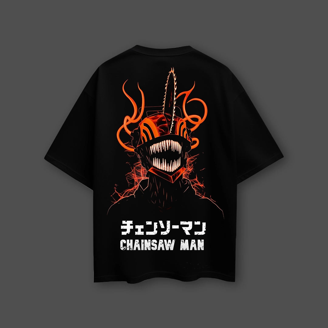 Chainsaw Man black oversized t-shirt featuring large orange Chainsaw Man back print with Japanese and English text