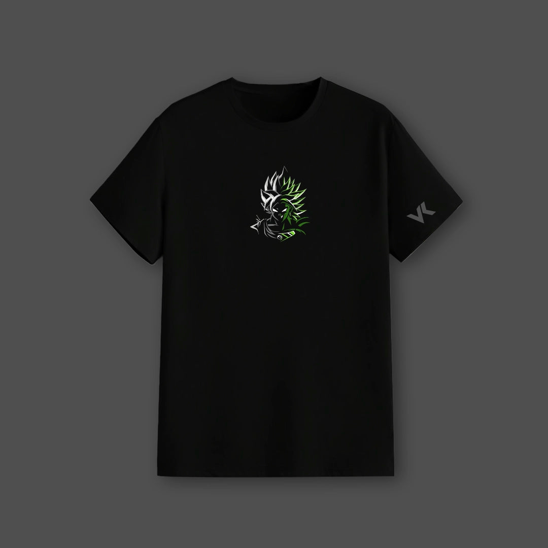 Broly Dragon Ball Z black t-shirt regular fit Vlack with small white and green Broly chest graphic and sleeve logo