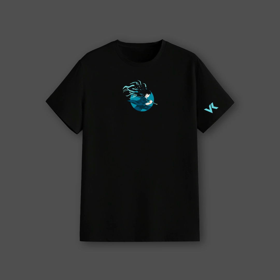 Muichiro Tokito Demon Slayer black t-shirt Vlack regular fit with teal anime character print on chest and VK sleeve logo