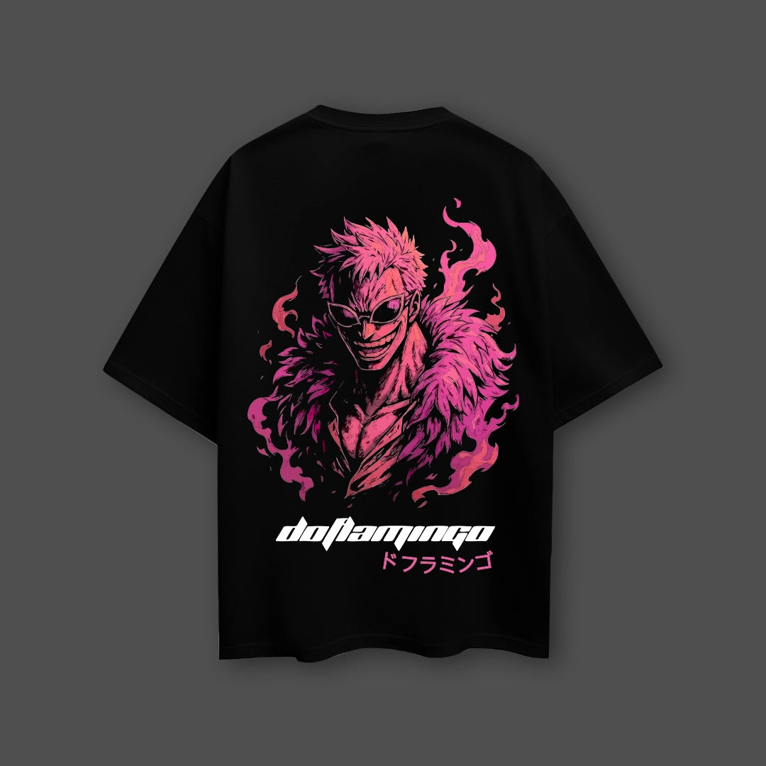 Oversize Vlack Donquixote Doflamingo black t-shirt featuring a vibrant graphic design