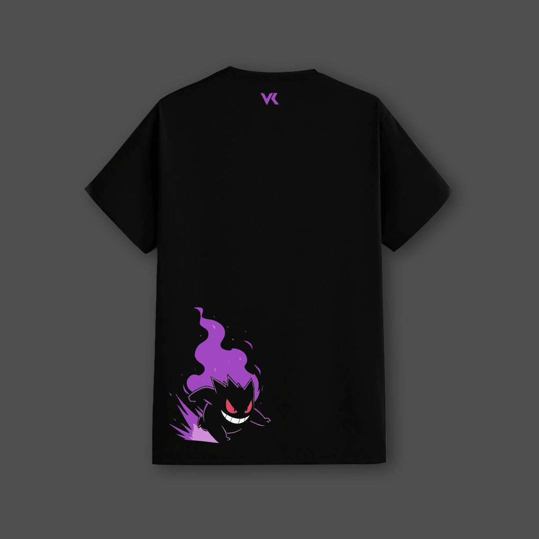 Gengar black streetwear t-shirt featuring a purple graphic on the back for trendy casual wear
