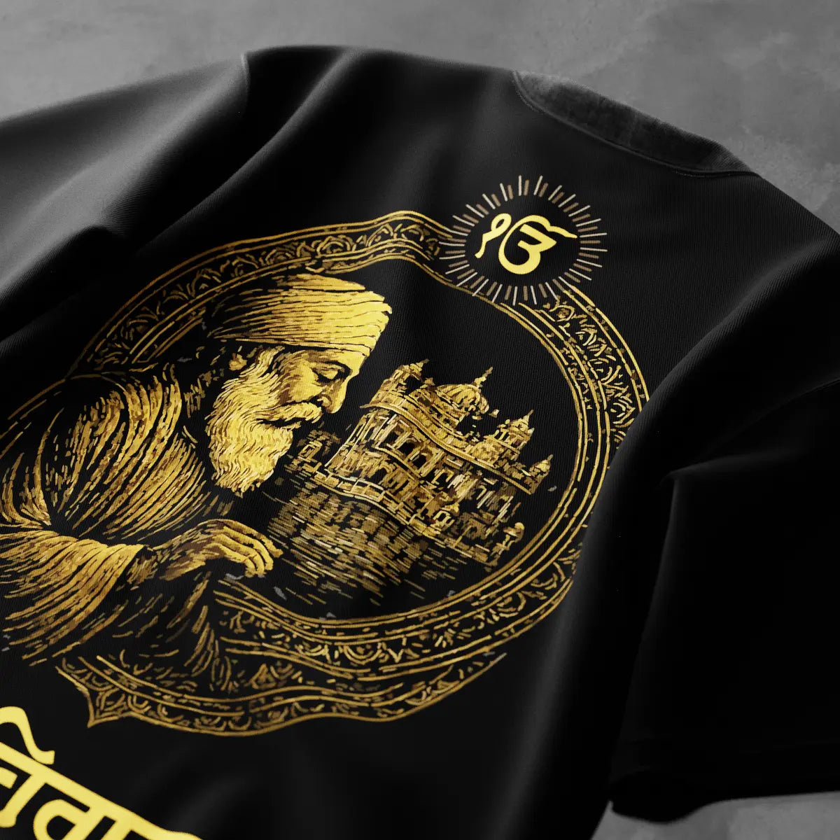 Vlack oversized Guru Nanak Dev Ji black t-shirt featuring detailed golden artwork and design