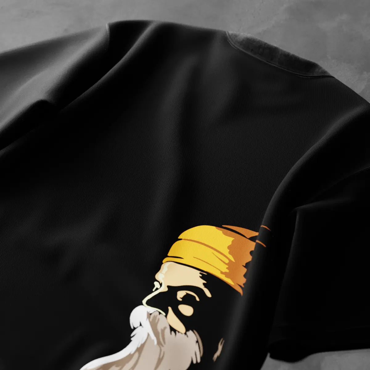 Stylish Guru Nanak Dev Ji black t-shirt with a vibrant design featuring his iconic portrait